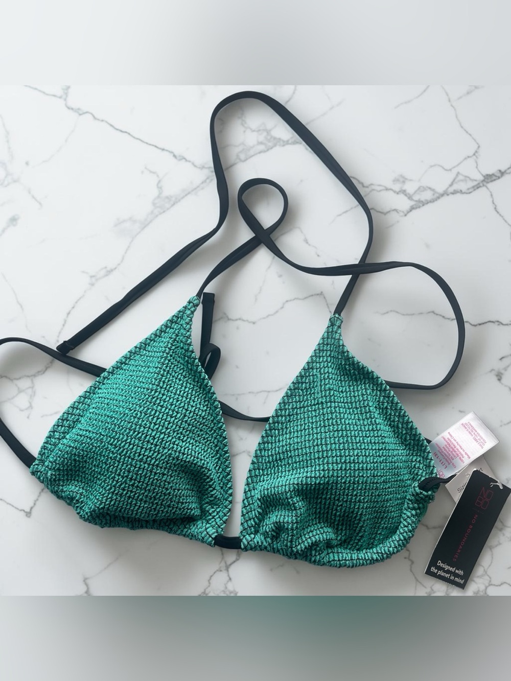 Teal Textured Triangle Bikini Top with Black Straps